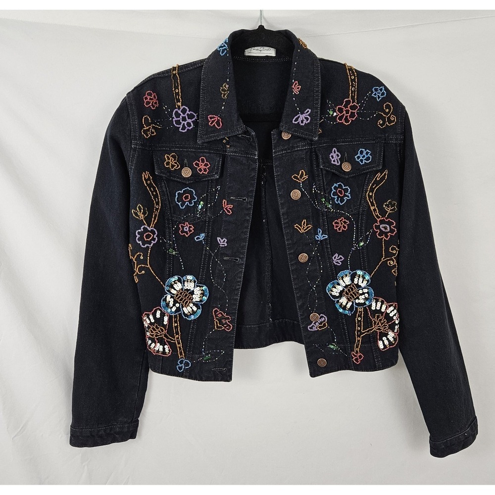 Women's Embelished Denim Jean Jacket Sequins Size M Brazil Grunge Dark Wash
